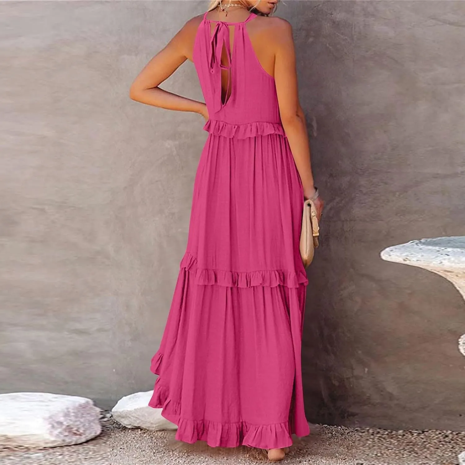 Smocked Dress Women Summer Sleeveless Tank Dresses Halter Tie Back Flowy Ruffle Tiered Maxi Dress with Pockets