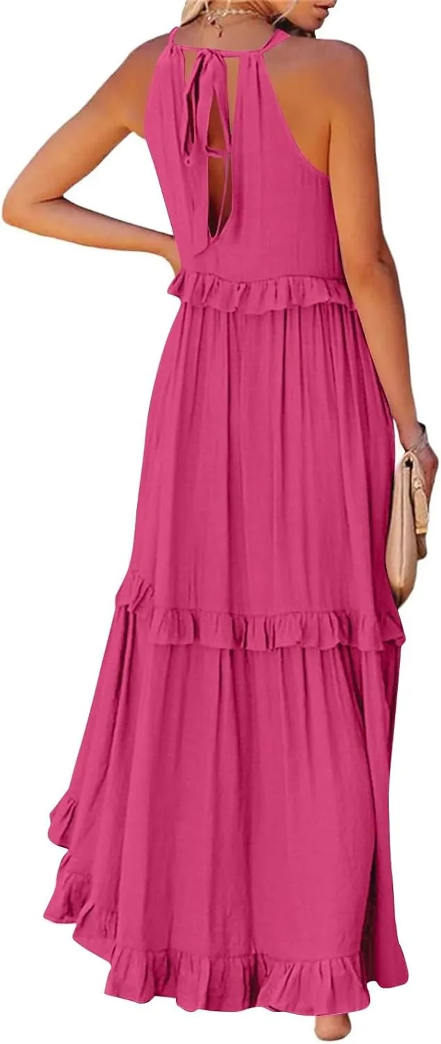 Smocked Dress Women Summer Sleeveless Tank Dresses Halter Tie Back Flowy Ruffle Tiered Maxi Dress with Pockets