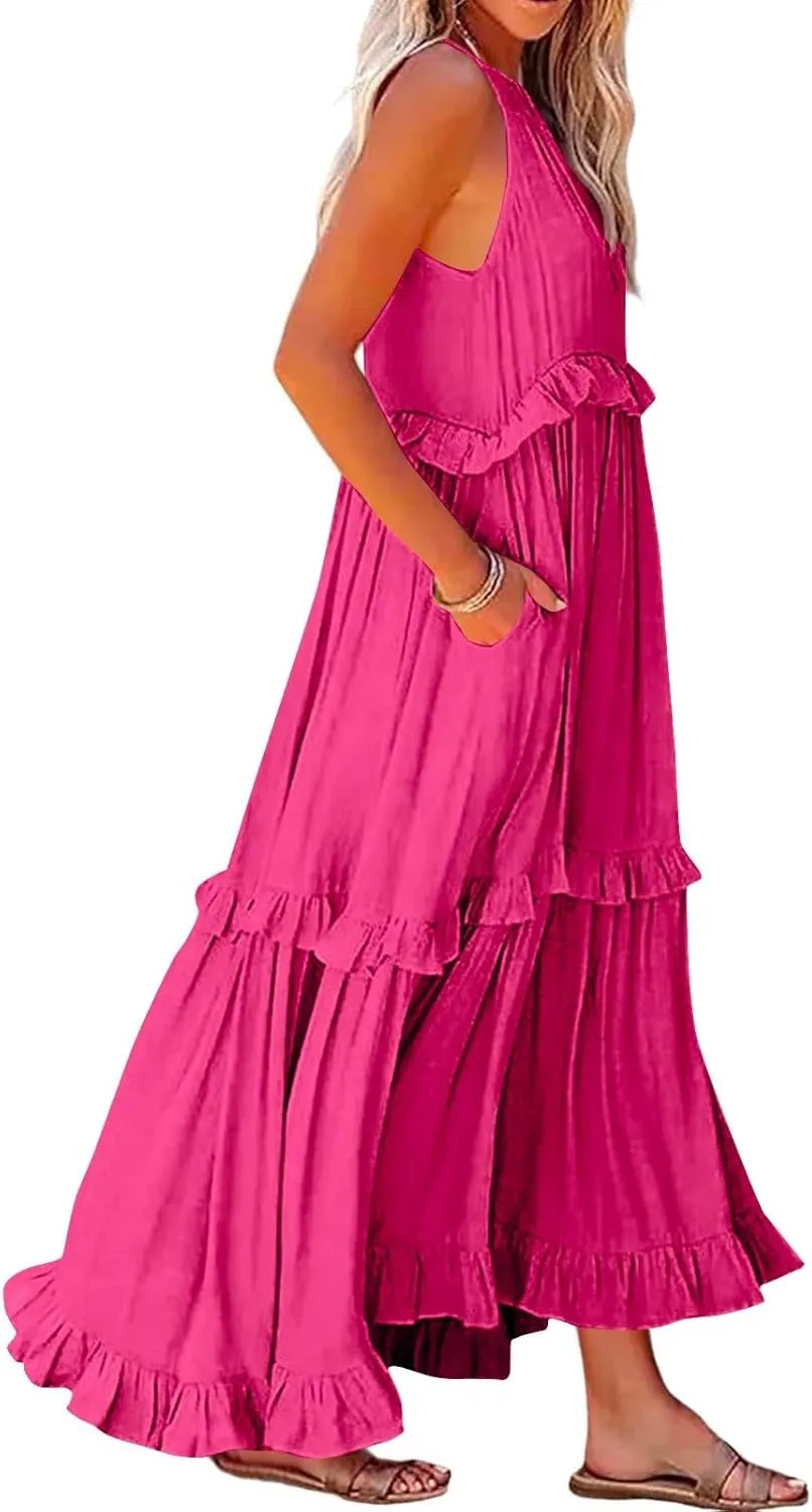 Smocked Dress Women Summer Sleeveless Tank Dresses Halter Tie Back Flowy Ruffle Tiered Maxi Dress with Pockets