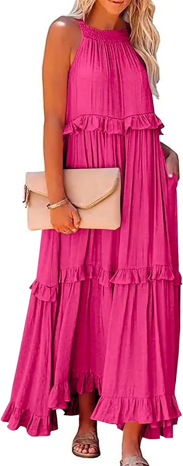 Smocked Dress Women Summer Sleeveless Tank Dresses Halter Tie Back Flowy Ruffle Tiered Maxi Dress with Pockets