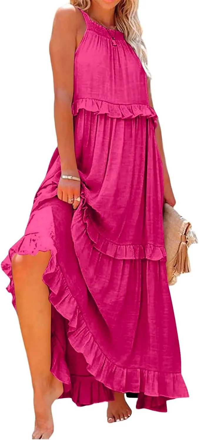 Smocked Dress Women Summer Sleeveless Tank Dresses Halter Tie Back Flowy Ruffle Tiered Maxi Dress with Pockets