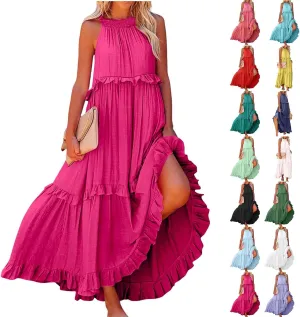 Smocked Dress Women Summer Sleeveless Tank Dresses Halter Tie Back Flowy Ruffle Tiered Maxi Dress with Pockets