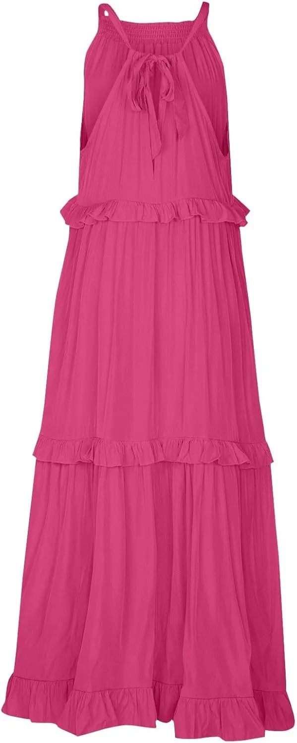 Smocked Dress Women Summer Sleeveless Tank Dresses Halter Tie Back Flowy Ruffle Tiered Maxi Dress with Pockets