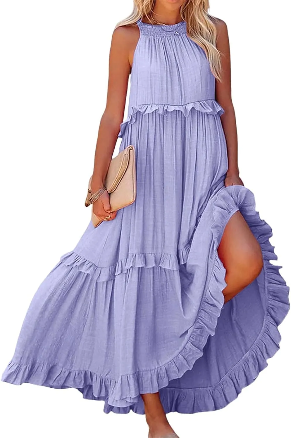 Smocked Halter Maxi Dress for Women Elegant Loose Flowy Tiered Ruffle Dress Summer Swing Beach Dresses with Pockets