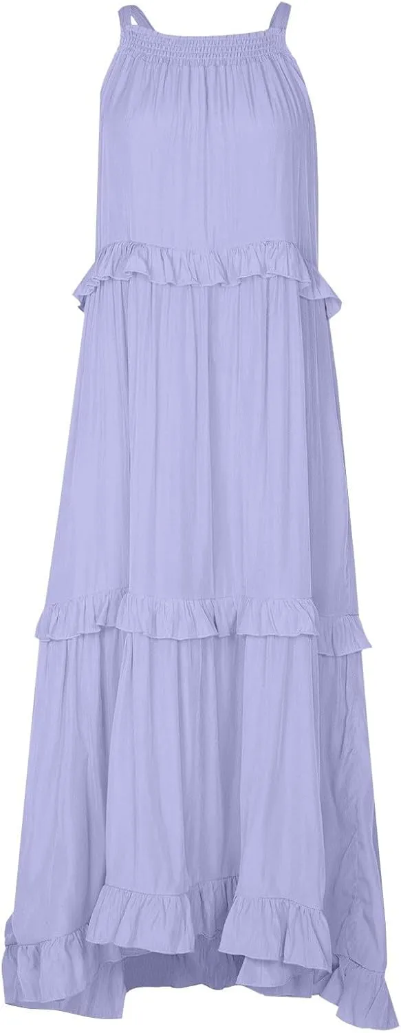 Smocked Halter Maxi Dress for Women Elegant Loose Flowy Tiered Ruffle Dress Summer Swing Beach Dresses with Pockets