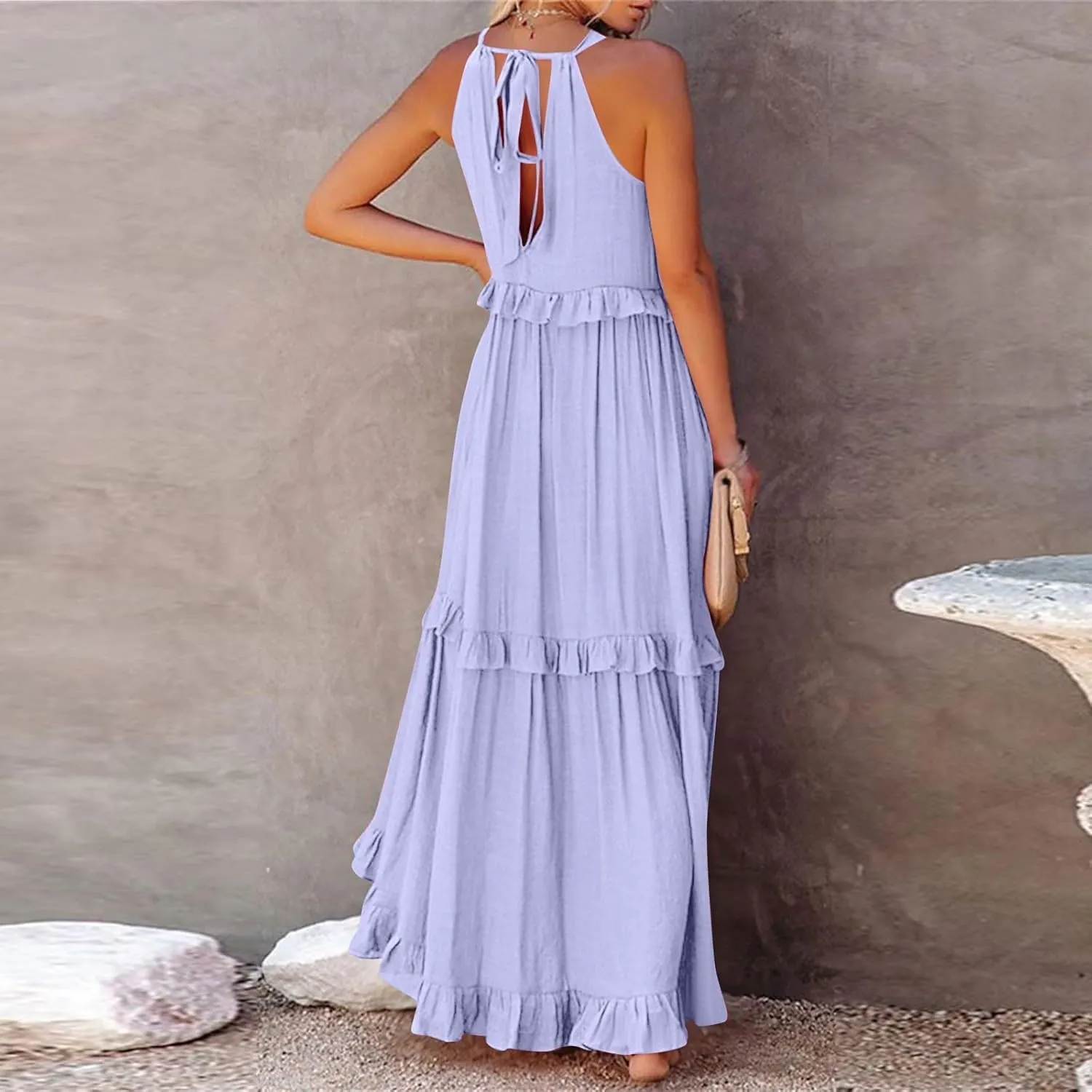 Smocked Halter Maxi Dress for Women Elegant Loose Flowy Tiered Ruffle Dress Summer Swing Beach Dresses with Pockets