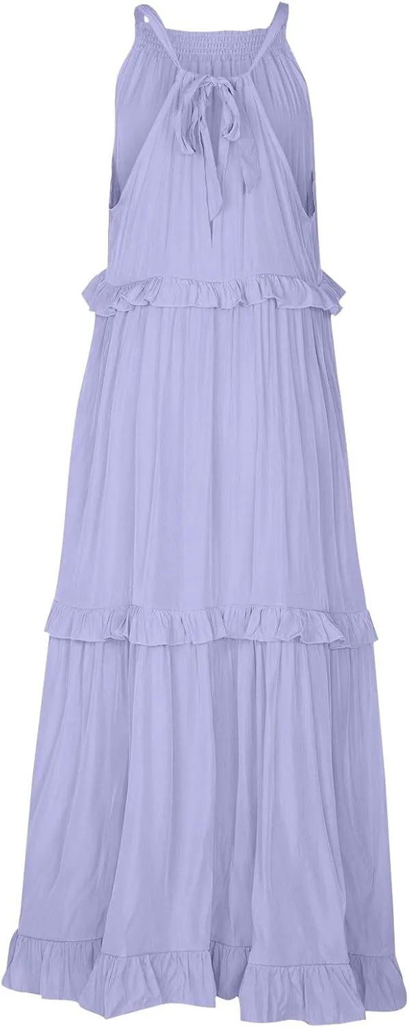 Smocked Halter Maxi Dress for Women Elegant Loose Flowy Tiered Ruffle Dress Summer Swing Beach Dresses with Pockets