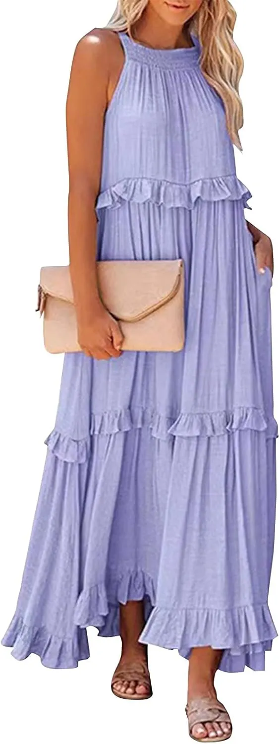 Smocked Halter Maxi Dress for Women Elegant Loose Flowy Tiered Ruffle Dress Summer Swing Beach Dresses with Pockets