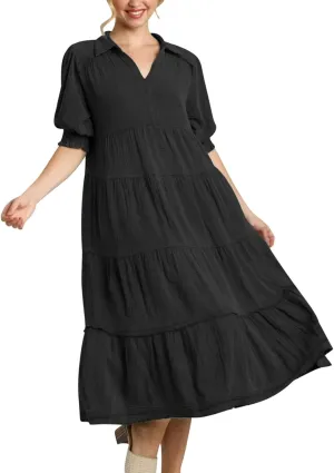 Solid Puff Sleeve Dresses Women Spring Summer Trendy Midi Dress Pleated Swing V Neck Sundress Casual Outfits