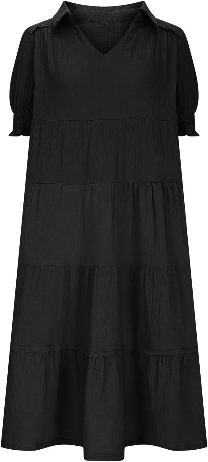 Solid Puff Sleeve Dresses Women Spring Summer Trendy Midi Dress Pleated Swing V Neck Sundress Casual Outfits