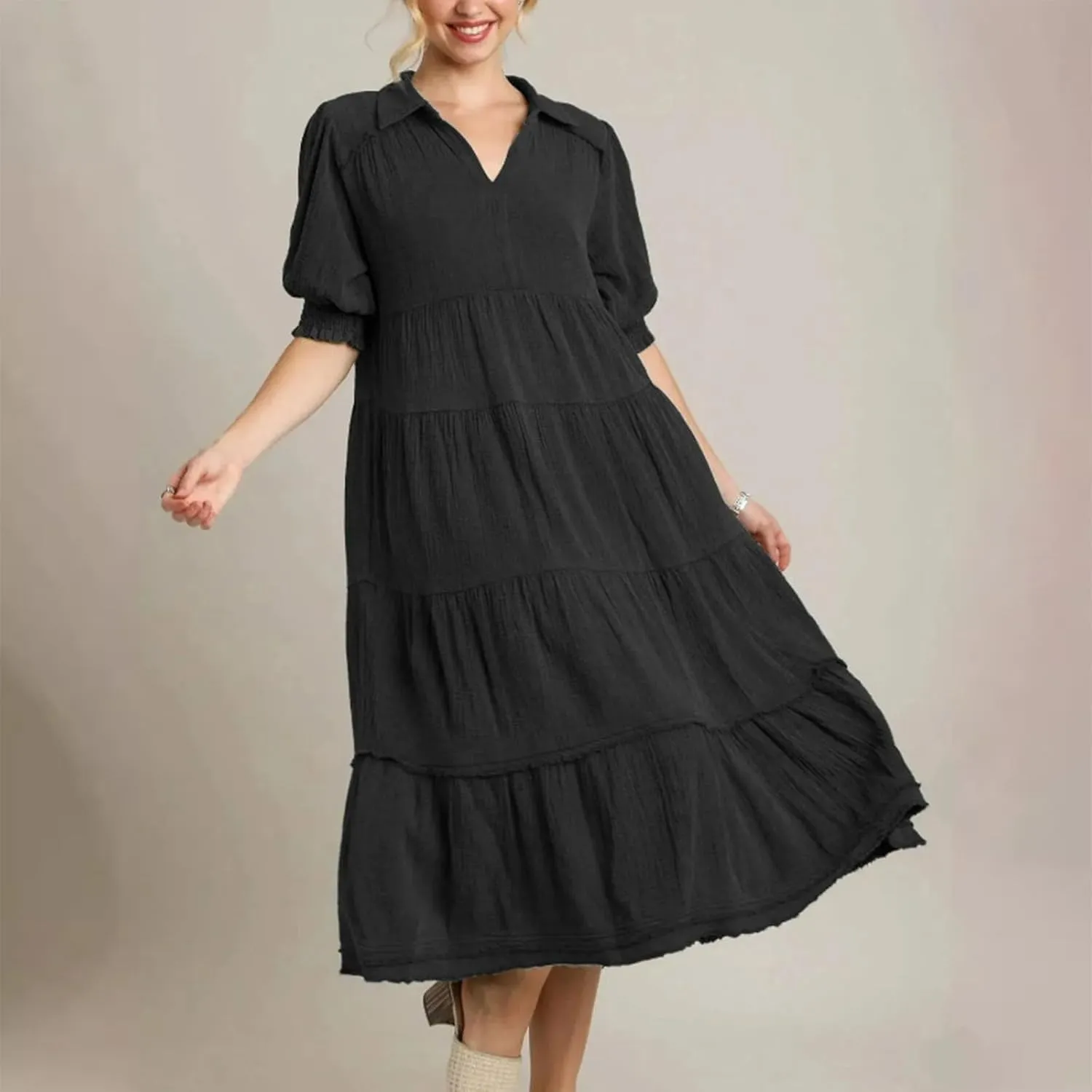 Solid Puff Sleeve Dresses Women Spring Summer Trendy Midi Dress Pleated Swing V Neck Sundress Casual Outfits