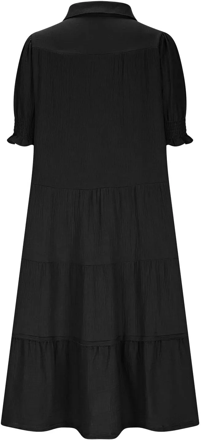 Solid Puff Sleeve Dresses Women Spring Summer Trendy Midi Dress Pleated Swing V Neck Sundress Casual Outfits