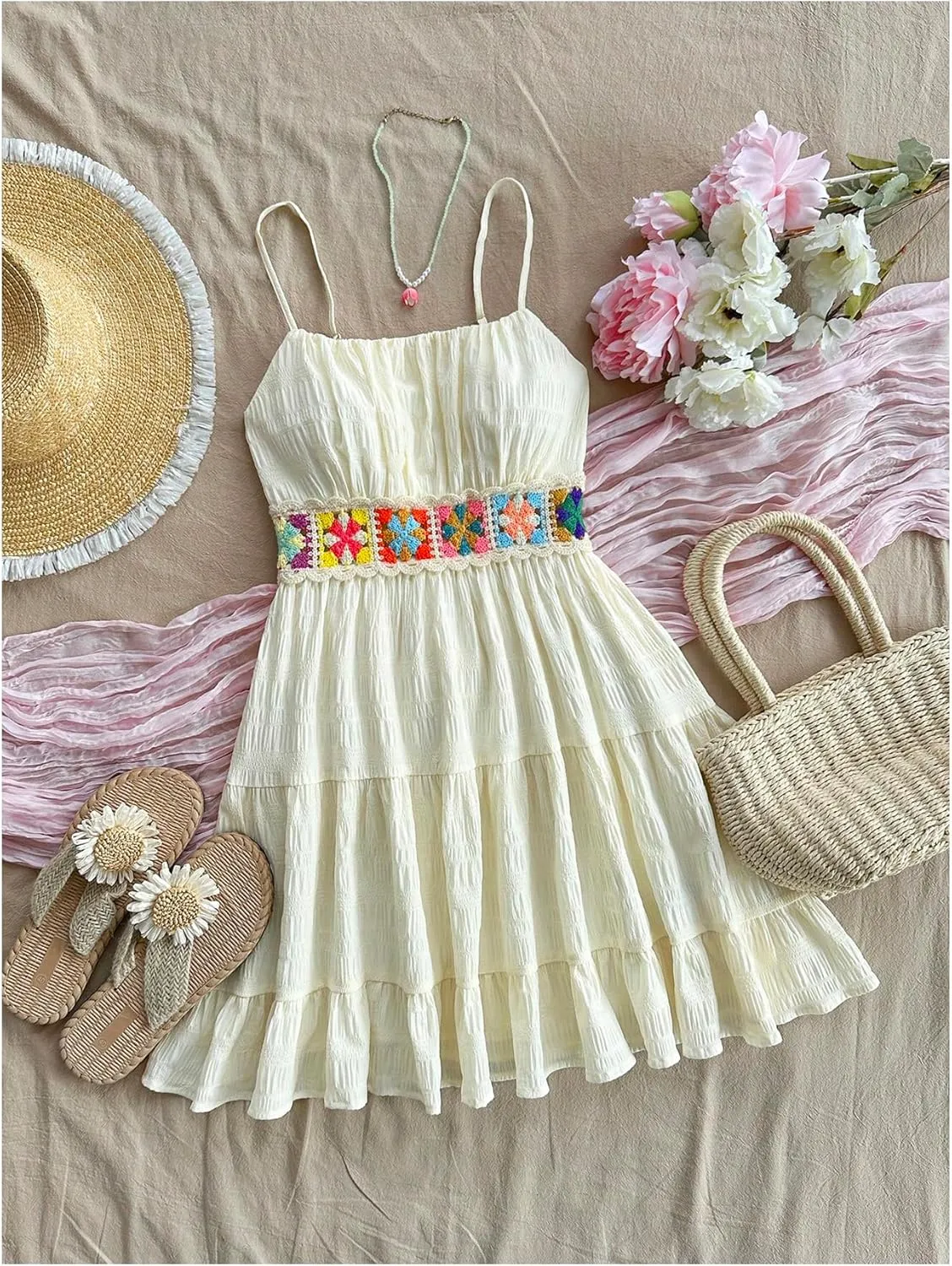 SOLY HUX Women's Summer Dresses Crochet Floral Boho Cami Dress Beach Vacation Mini Dress