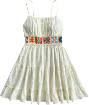 SOLY HUX Women's Summer Dresses Crochet Floral Boho Cami Dress Beach Vacation Mini Dress
