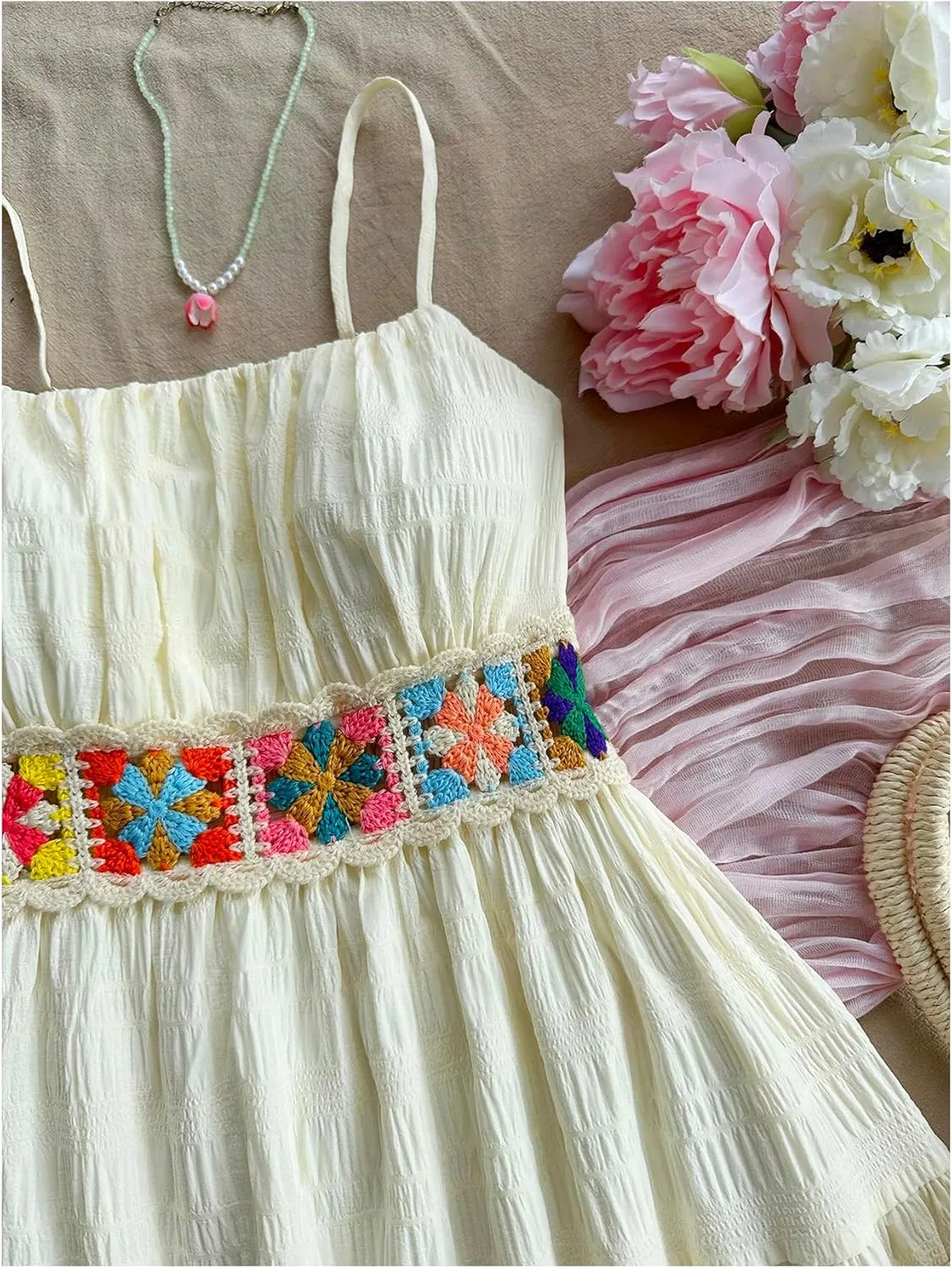 SOLY HUX Women's Summer Dresses Crochet Floral Boho Cami Dress Beach Vacation Mini Dress