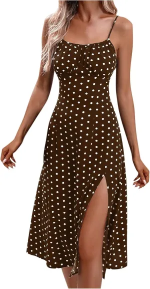 Spaghetti Strap Dresses for Women 2025 Polka Dot Midi Dress Sleeveless Slit Summer Sundress Beach Vacation Sexy Dress