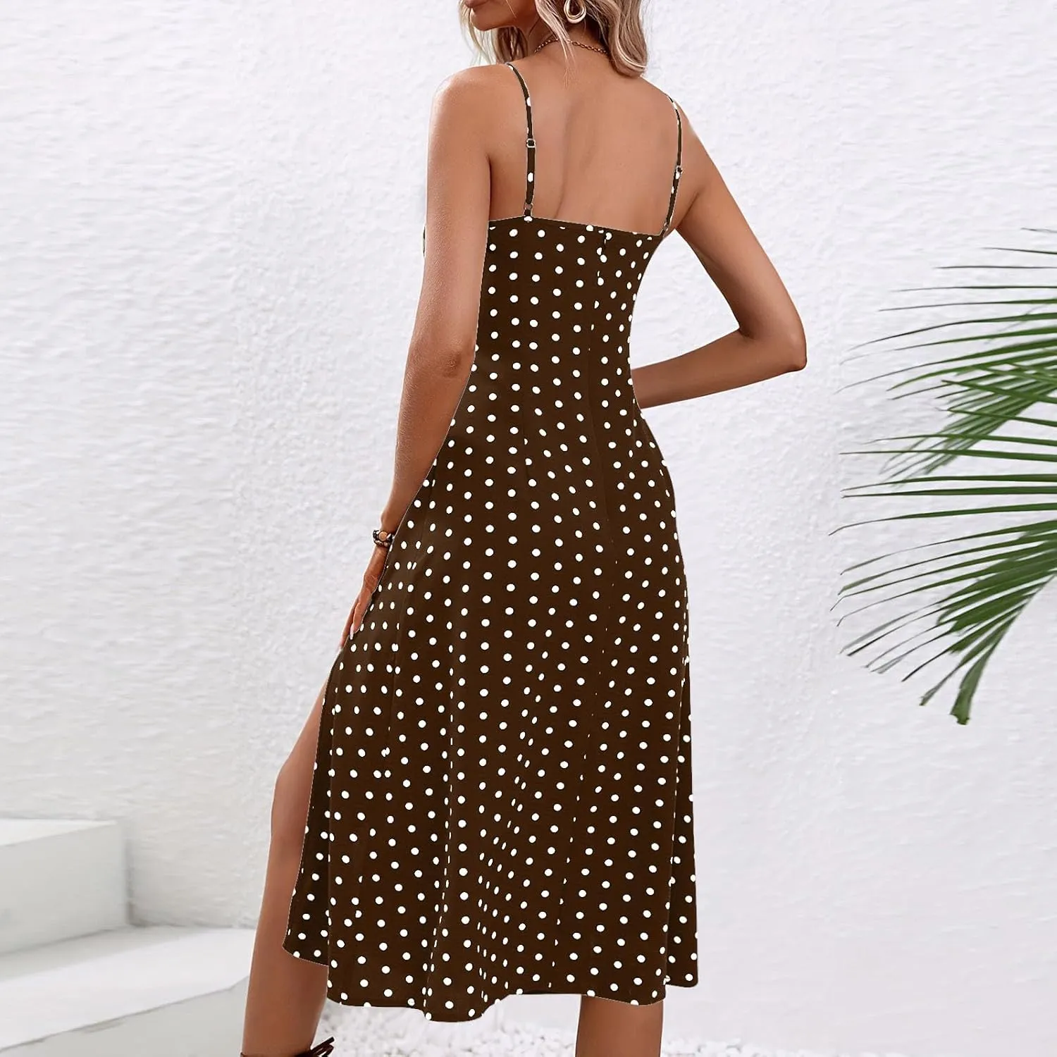 Spaghetti Strap Dresses for Women 2025 Polka Dot Midi Dress Sleeveless Slit Summer Sundress Beach Vacation Sexy Dress