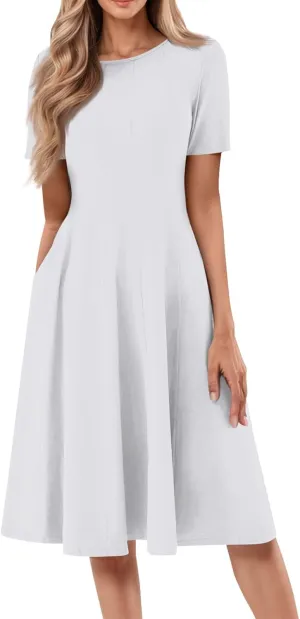 Spring Dresses for Women 2025 Cinched Waist Short Sleeve with Side Pocket Vacation Dress Baggy Midi Crewneck Dress