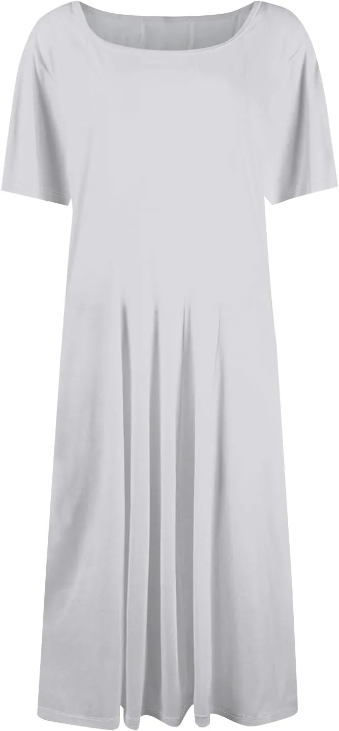 Spring Dresses for Women 2025 Cinched Waist Short Sleeve with Side Pocket Vacation Dress Baggy Midi Crewneck Dress