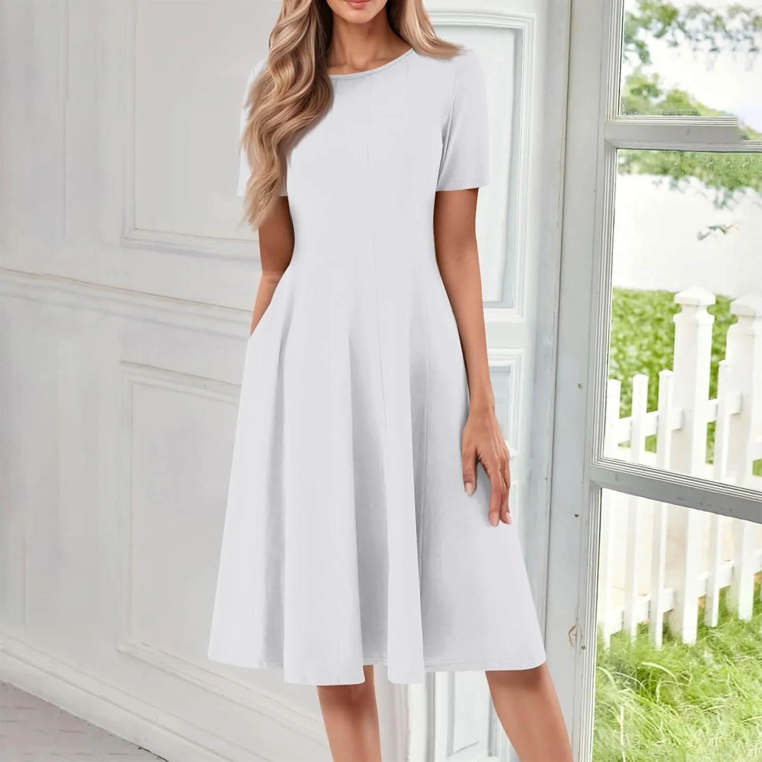 Spring Dresses for Women 2025 Cinched Waist Short Sleeve with Side Pocket Vacation Dress Baggy Midi Crewneck Dress