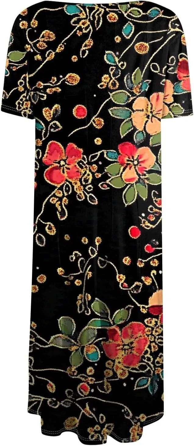 Spring Dresses for Women 2025 Cinched Waist Short Sleeve with Side Pocket Womens Dress Flowy Midi Scoop Neck Dress