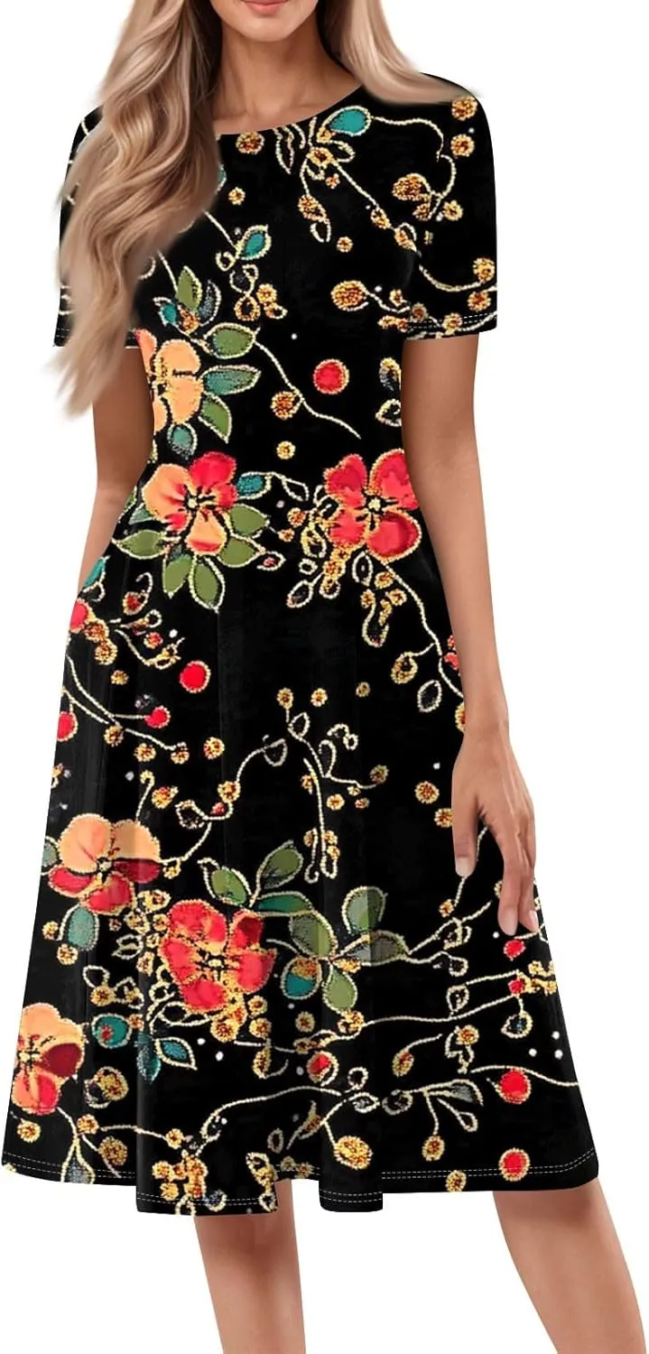 Spring Dresses for Women 2025 Cinched Waist Short Sleeve with Side Pocket Womens Dress Flowy Midi Scoop Neck Dress