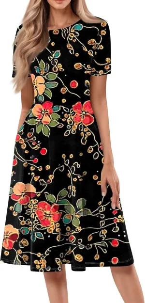 Spring Dresses for Women 2025 Cinched Waist Short Sleeve with Side Pocket Womens Dress Flowy Midi Scoop Neck Dress