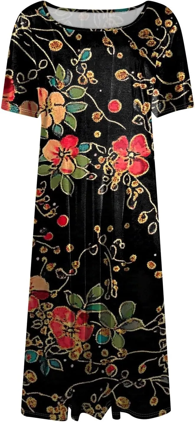 Spring Dresses for Women 2025 Cinched Waist Short Sleeve with Side Pocket Womens Dress Flowy Midi Scoop Neck Dress