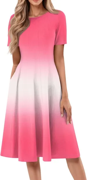 Spring Dresses for Women 2025 Cinched Waist Short Sleeve with Side Pocket Womens Dress Flowy Midi Scoop Neck Dress