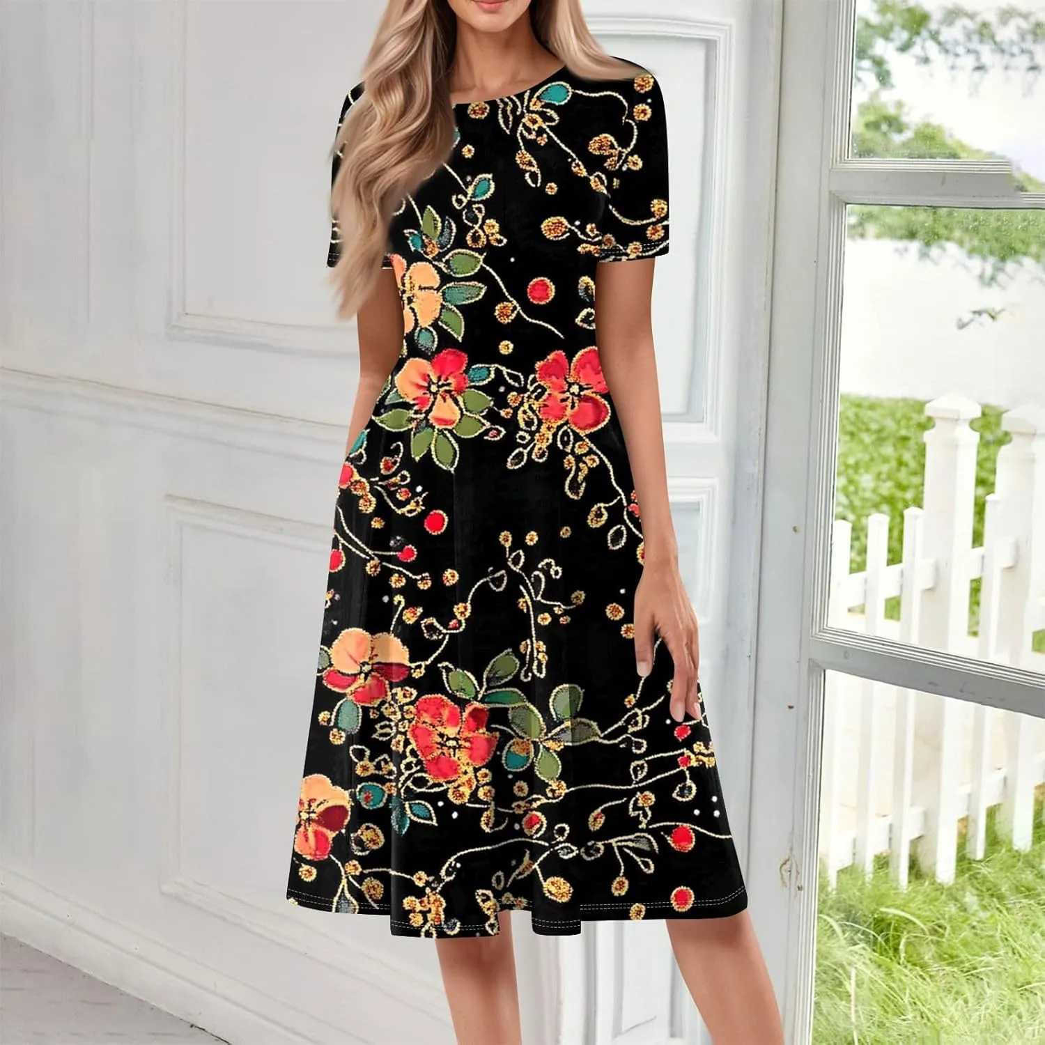 Spring Dresses for Women 2025 Cinched Waist Short Sleeve with Side Pocket Womens Dress Flowy Midi Scoop Neck Dress
