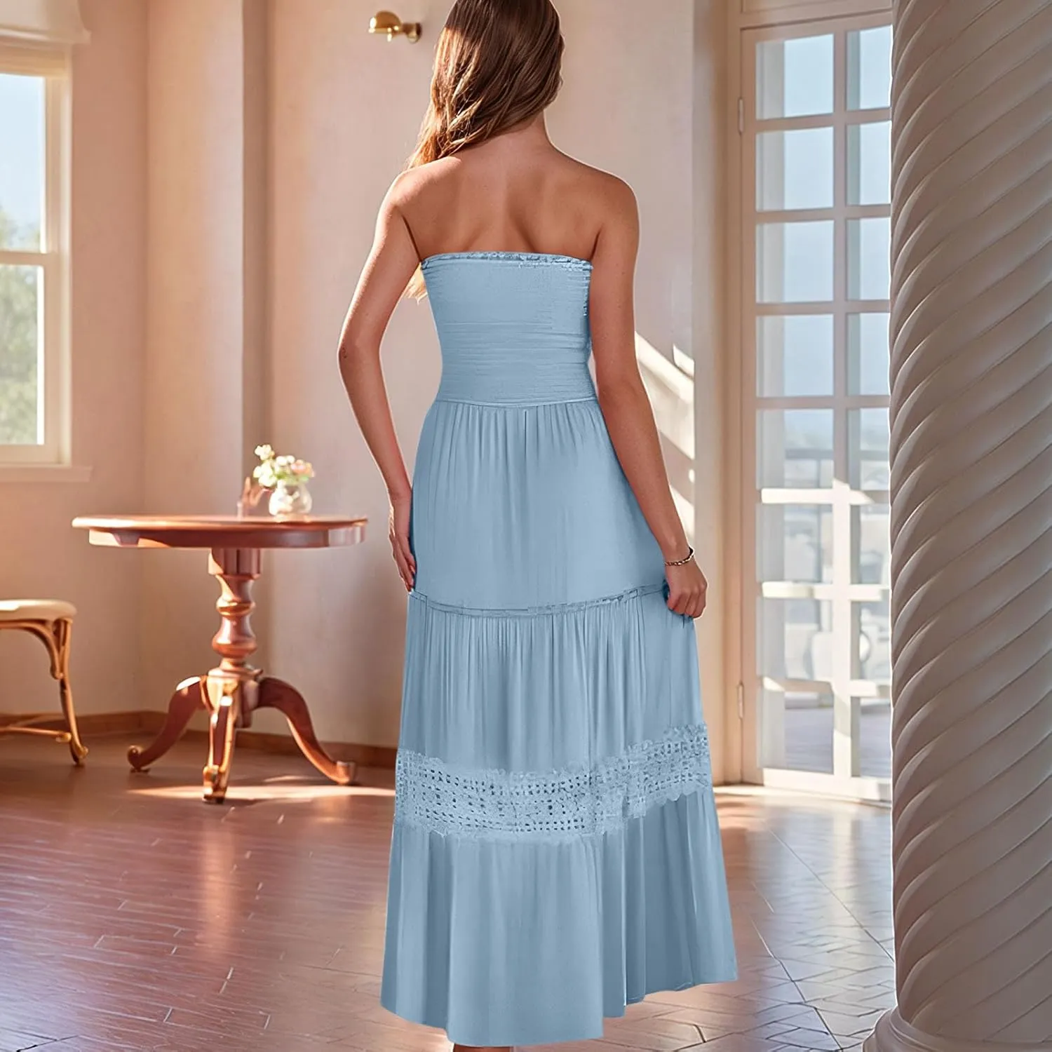 Strapless Maxi Dress Summer Smocked Ruffle Empire Waist A Line Dress Boho Beach Vacation Long Flowy Tube Dresses
