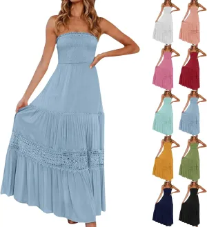 Strapless Maxi Dress Summer Smocked Ruffle Empire Waist A Line Dress Boho Beach Vacation Long Flowy Tube Dresses