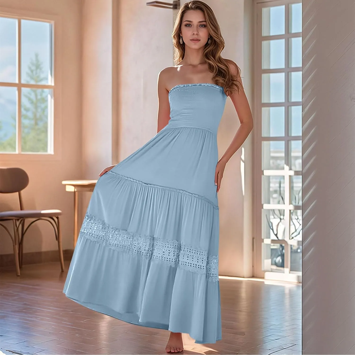 Strapless Maxi Dress Summer Smocked Ruffle Empire Waist A Line Dress Boho Beach Vacation Long Flowy Tube Dresses