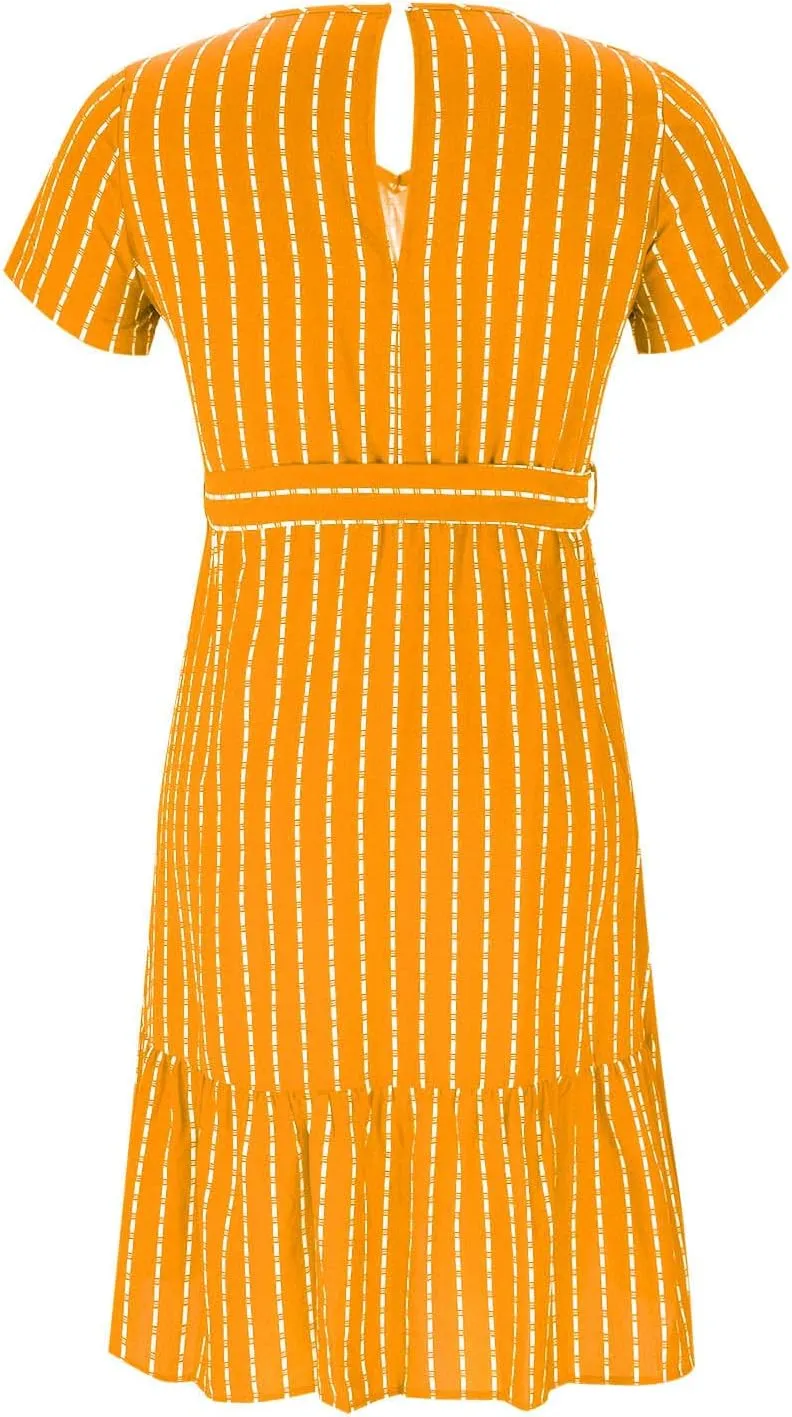 Striped Chiffon Midi Dress for Women Short Sleeve V-Neck Tie Waist Dresses Summer Casual Business Work Office Dress