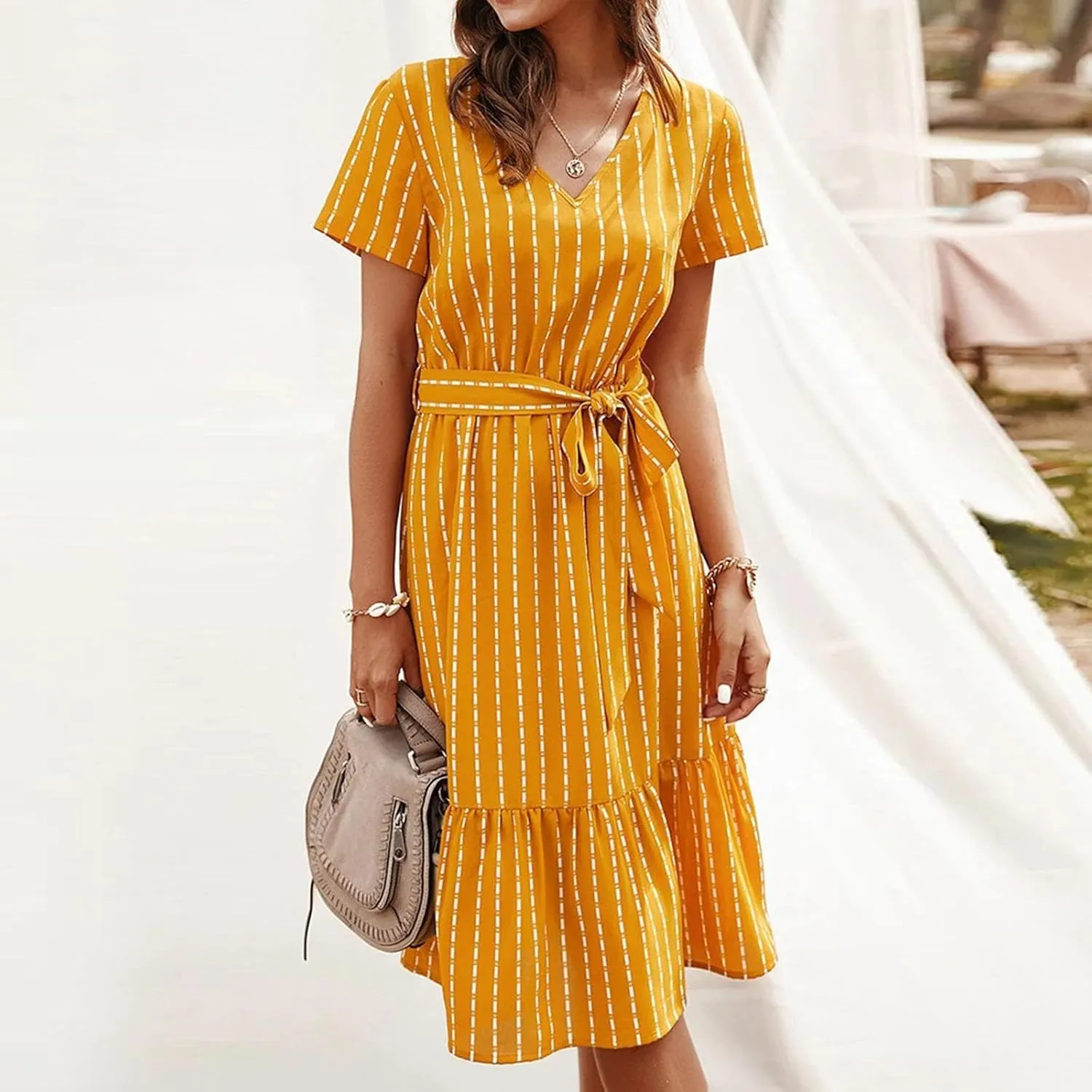 Striped Chiffon Midi Dress for Women Short Sleeve V-Neck Tie Waist Dresses Summer Casual Business Work Office Dress