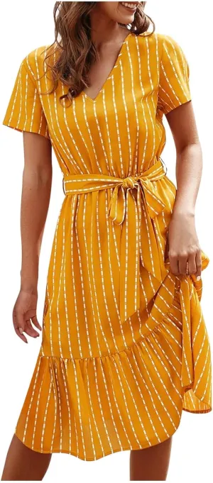 Striped Chiffon Midi Dress for Women Short Sleeve V-Neck Tie Waist Dresses Summer Casual Business Work Office Dress