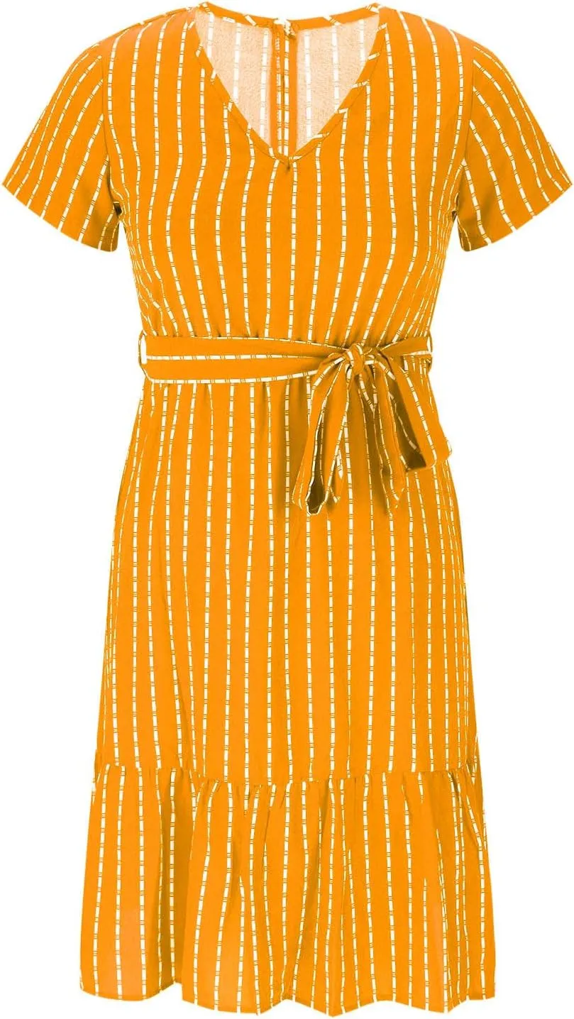 Striped Chiffon Midi Dress for Women Short Sleeve V-Neck Tie Waist Dresses Summer Casual Business Work Office Dress
