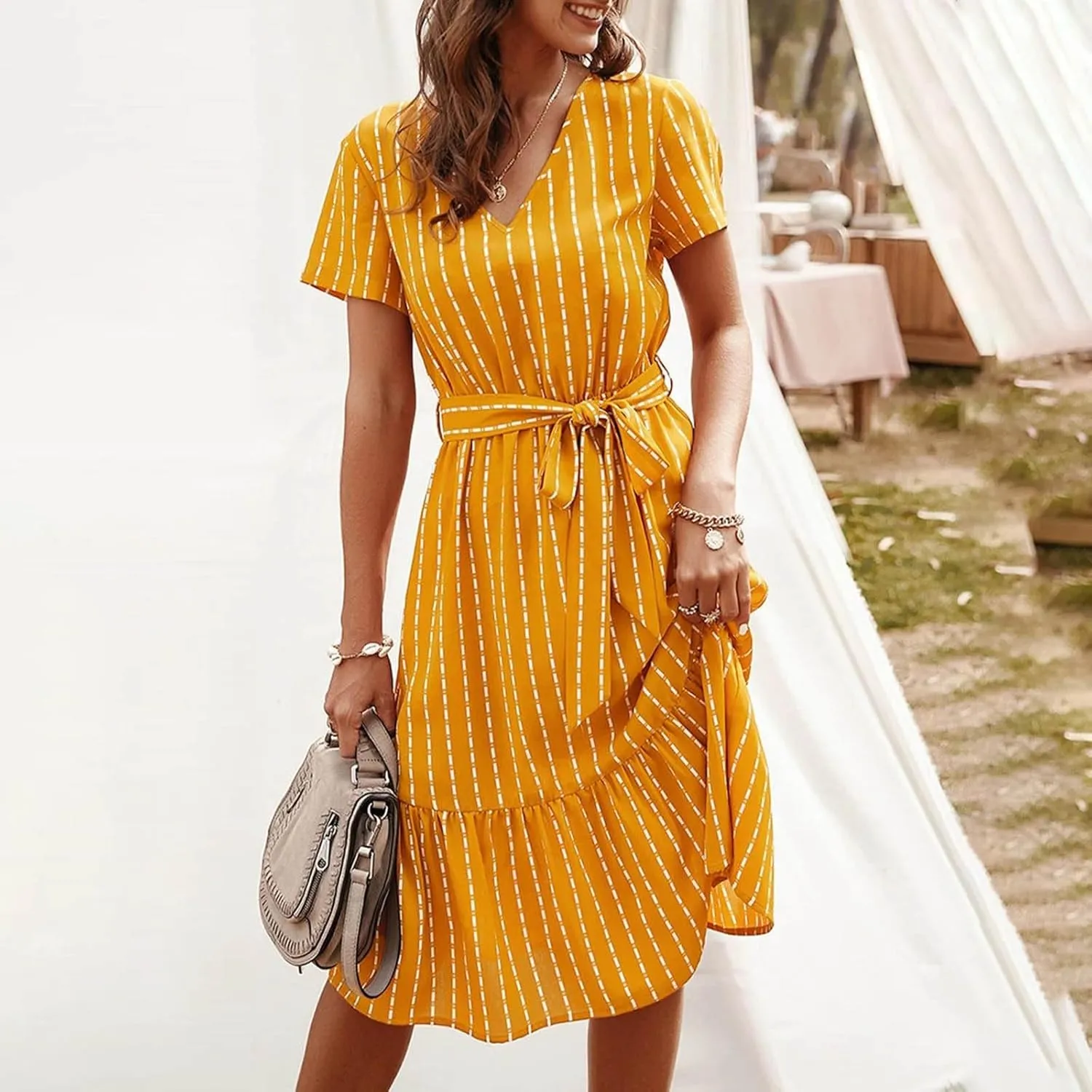 Striped Chiffon Midi Dress for Women Short Sleeve V-Neck Tie Waist Dresses Summer Casual Business Work Office Dress