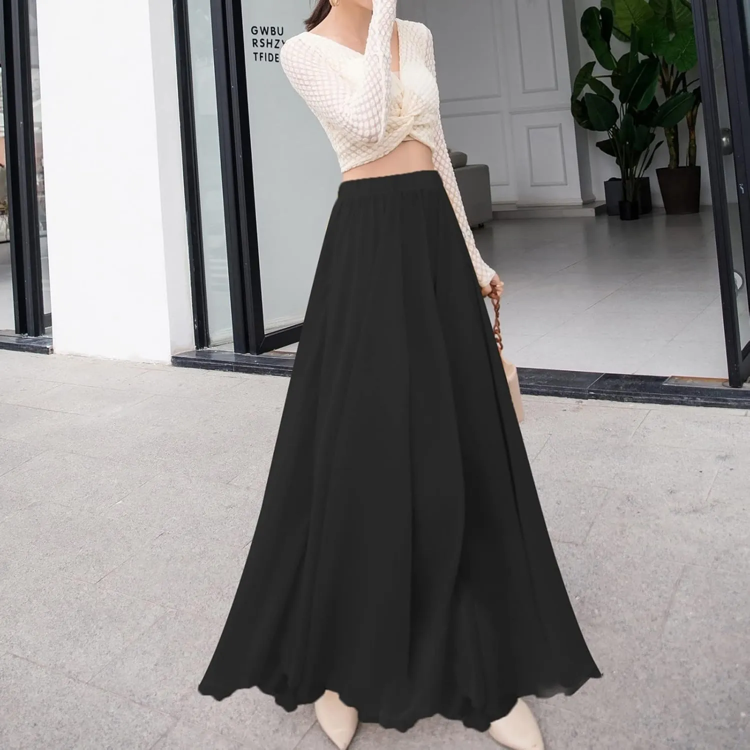 Summer Beach Skirt for Women Flowy Chiffon Maxi Skirts Floor Length High Waisted Pleated Skirt Vintage Tea Party Dresses