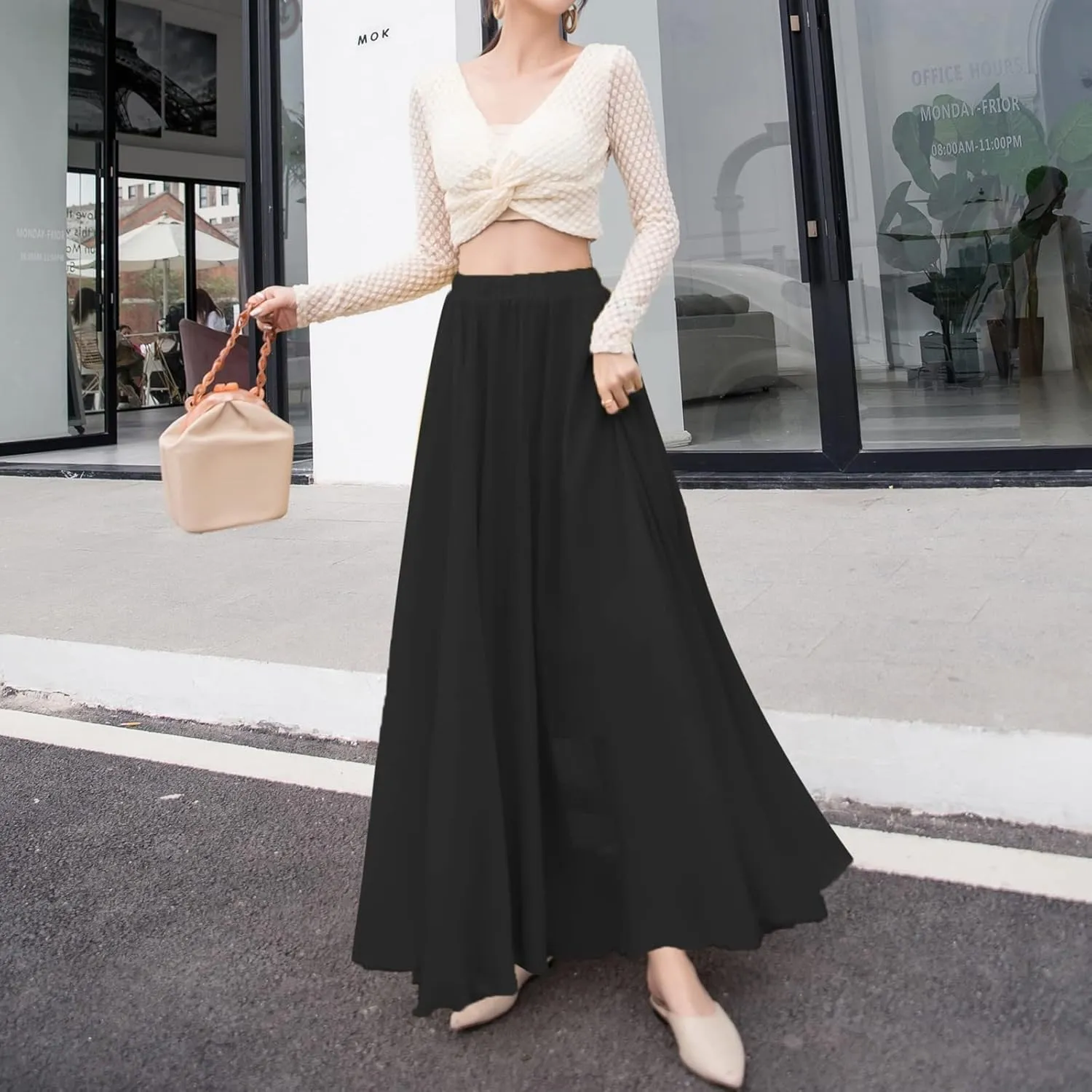 Summer Beach Skirt for Women Flowy Chiffon Maxi Skirts Floor Length High Waisted Pleated Skirt Vintage Tea Party Dresses