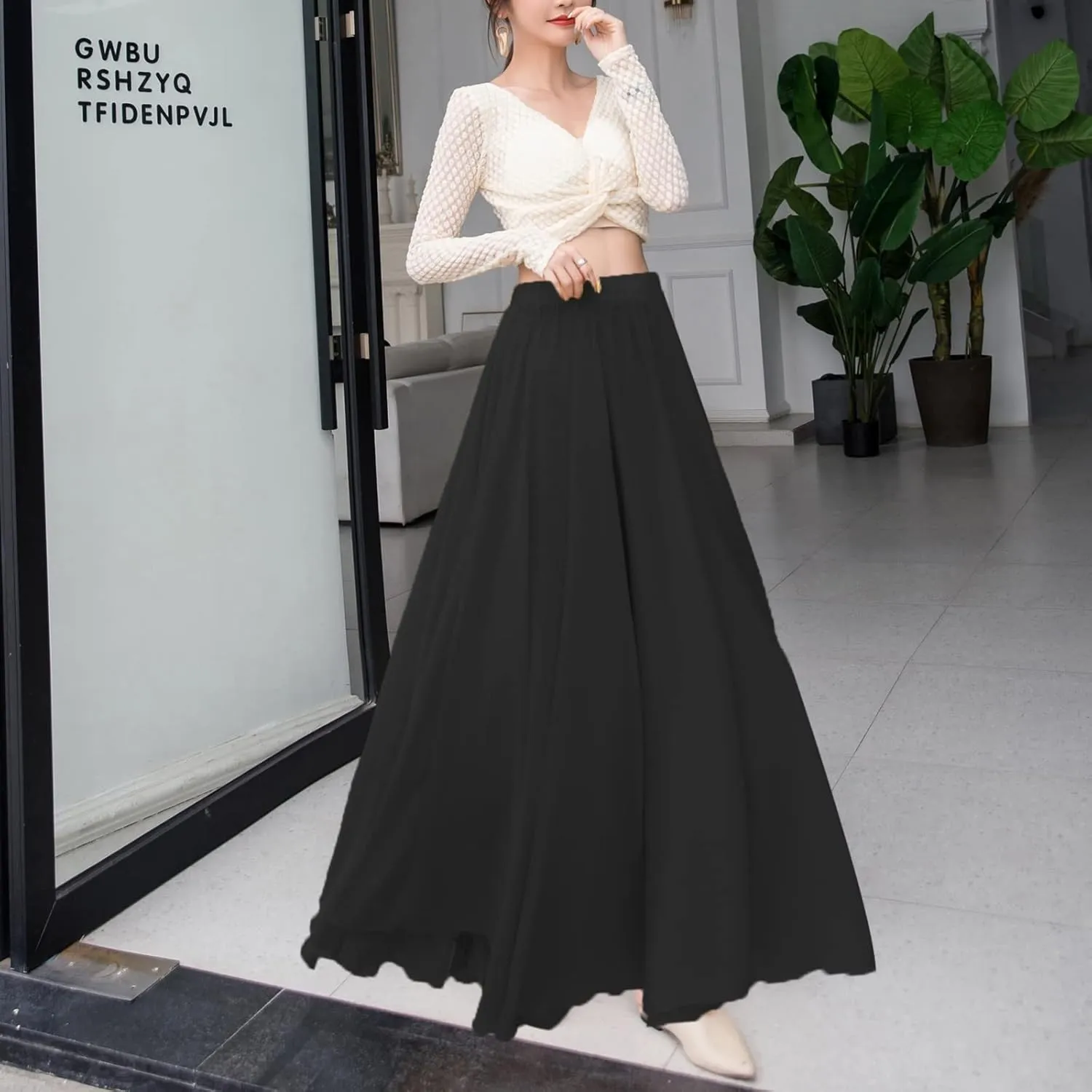 Summer Beach Skirt for Women Flowy Chiffon Maxi Skirts Floor Length High Waisted Pleated Skirt Vintage Tea Party Dresses