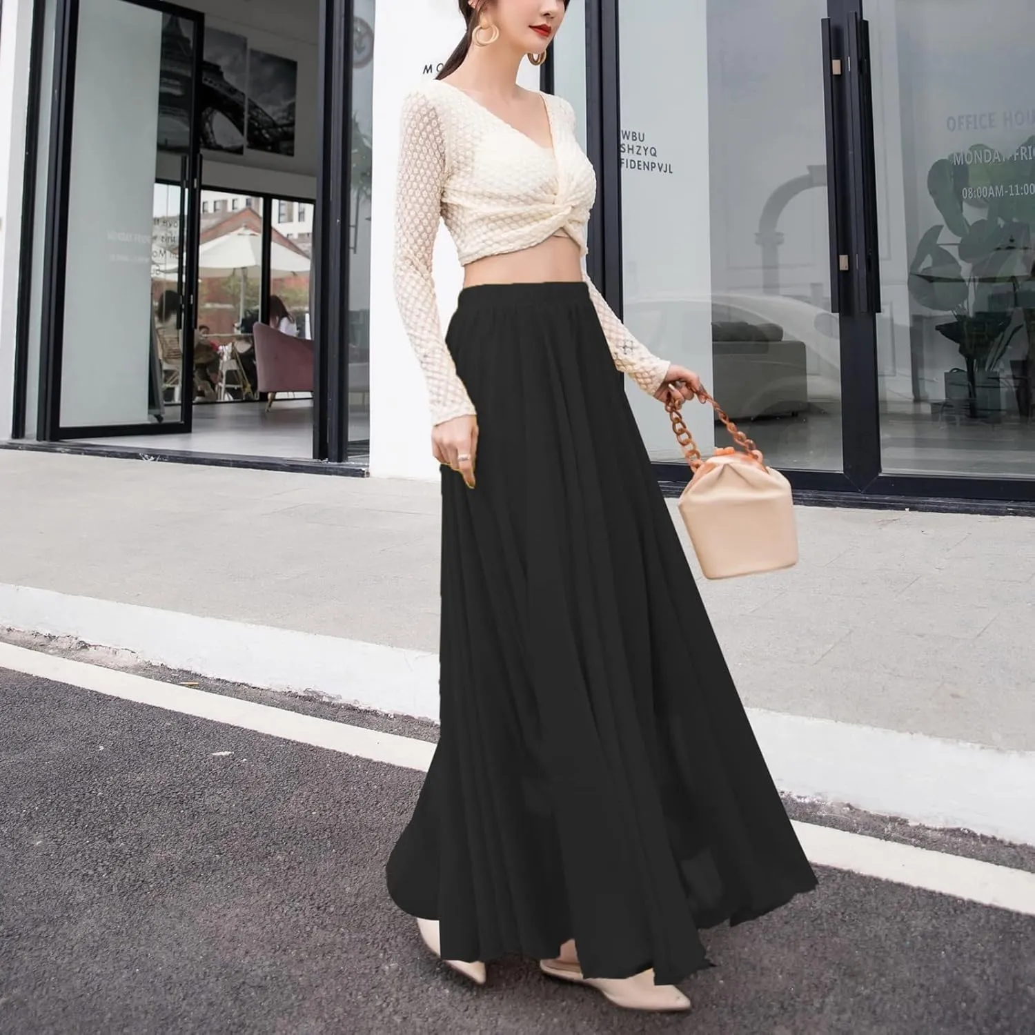 Summer Beach Skirt for Women Flowy Chiffon Maxi Skirts Floor Length High Waisted Pleated Skirt Vintage Tea Party Dresses