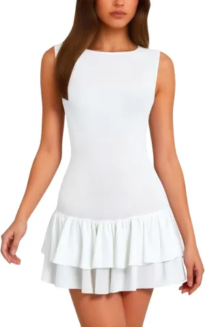 Summer Beach Vacation Dress for Women Fitted Sleeveless Layered Ruffle Hem Mini Dress Cute Church Summer Outfit 2025