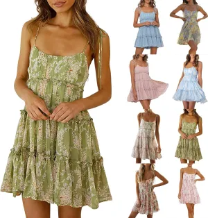 Summer Dresses for Teens 2025 Cute Spaghetti Strap Backless Floral Mini Dress Flowy Vacation Tiered Ruffle Sundress