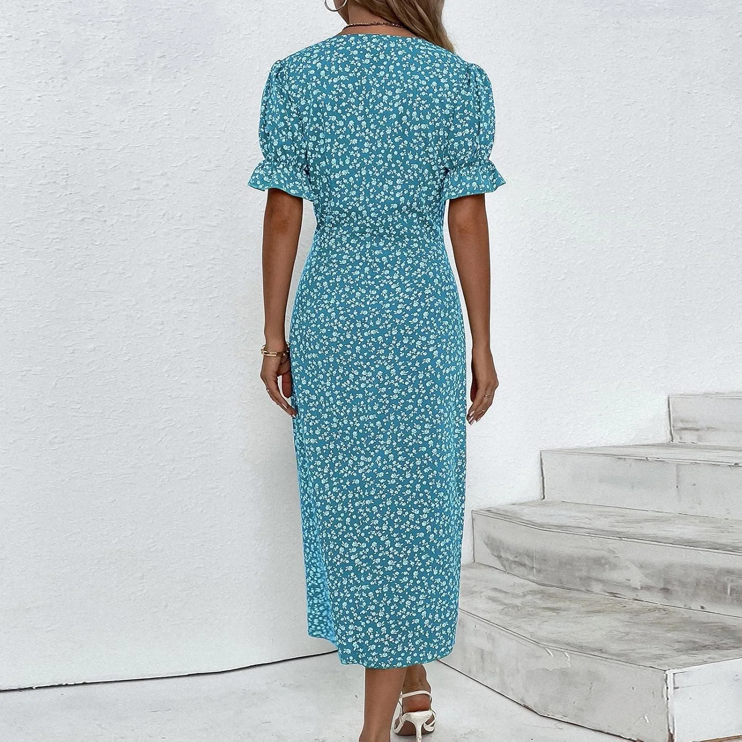 Summer Dresses for Women 2024 Casual V Neck A-line Boho Dress Ditsy Floral Flounce Sleeve Wrap Hem Dress