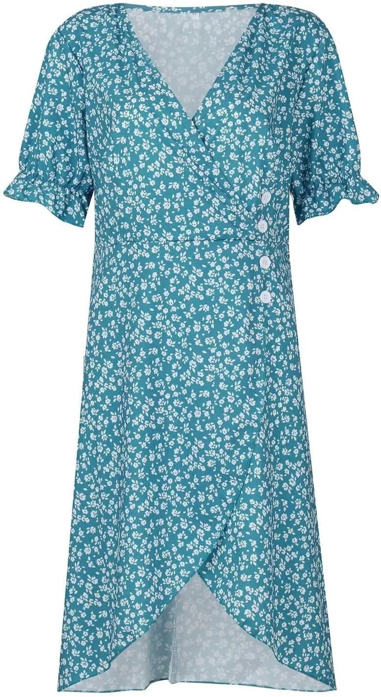 Summer Dresses for Women 2024 Casual V Neck A-line Boho Dress Ditsy Floral Flounce Sleeve Wrap Hem Dress
