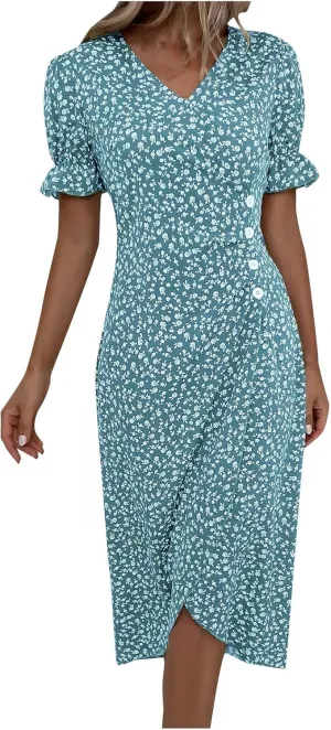 Summer Dresses for Women 2024 Casual V Neck A-line Boho Dress Ditsy Floral Flounce Sleeve Wrap Hem Dress