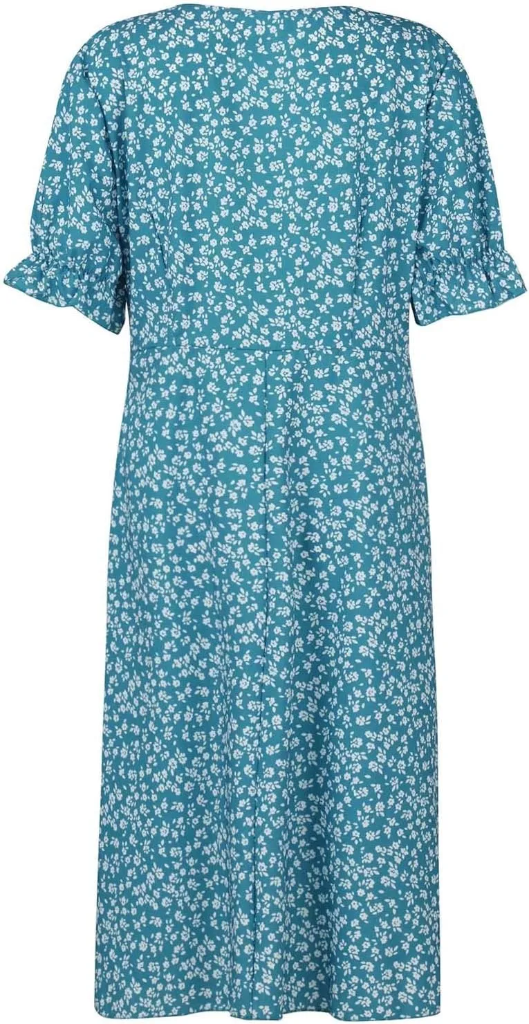 Summer Dresses for Women 2024 Casual V Neck A-line Boho Dress Ditsy Floral Flounce Sleeve Wrap Hem Dress
