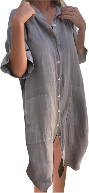 Summer Dresses for Women 2024 Plus Size Button Down Short Sleeve t Shirt Dresses Solid Midi Dresses with Pockets