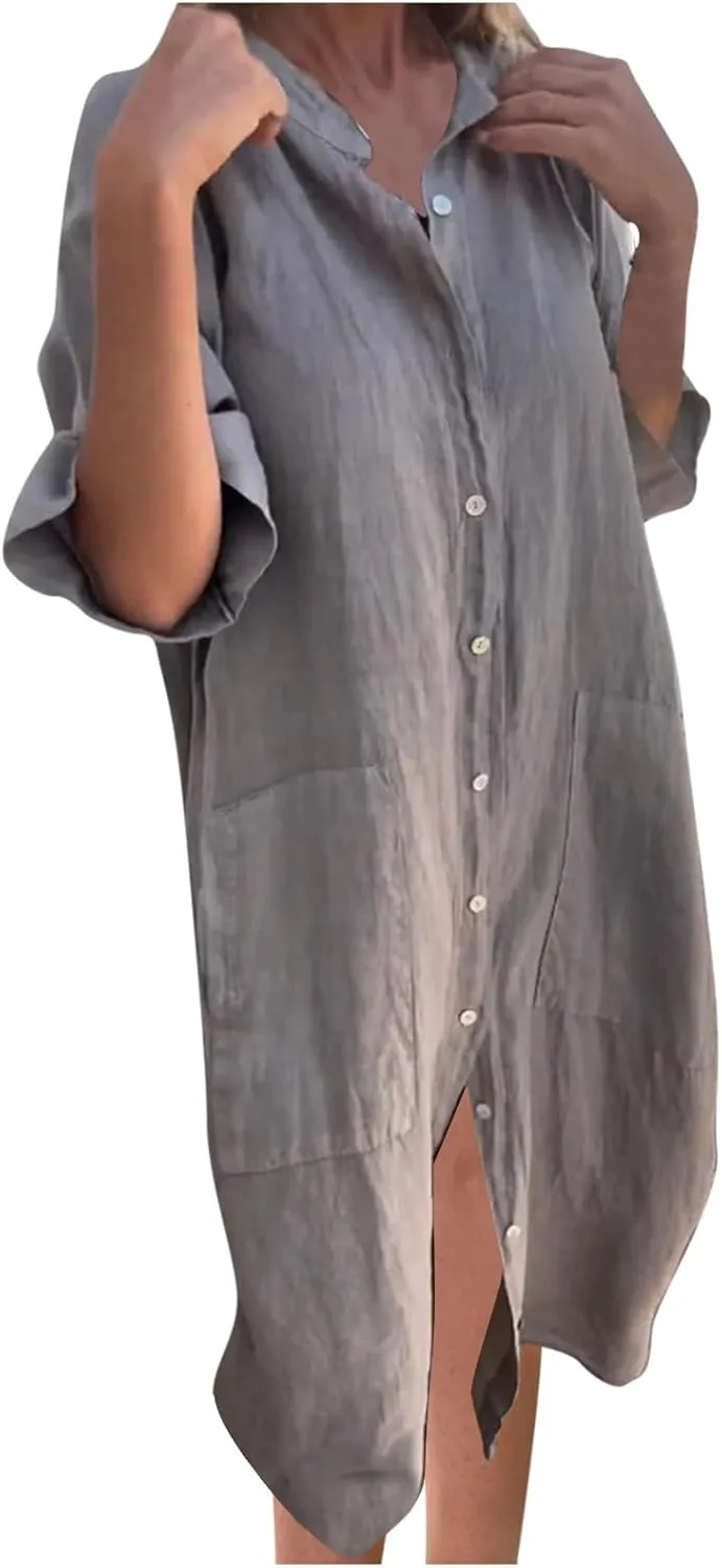 Summer Dresses for Women 2024 Plus Size Button Down Short Sleeve t Shirt Dresses Solid Midi Dresses with Pockets